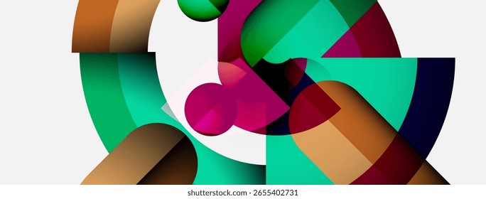 Abstract composition. Geometric shapes overlap, creating dynamic colorful patterns. Modern design, vibrant hues, smooth gradients present.