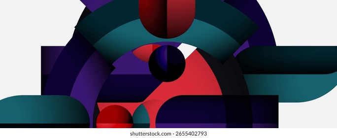 Abstract composition. Geometric shapes overlap, creating dynamic visual experience. Reds, purples, teals dominate palette. Modern design.