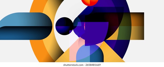 Abstract composition. Geometric shapes overlap, creating vibrant color contrasts. Modern design, minimalist aesthetic, dynamic interplay.