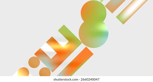 Composição abstrata. As formas geométricas se sobrepõem, criando gradientes de cores vibrantes. Tons laranja, amarelo, verde dominam o design. Estética minimalista.