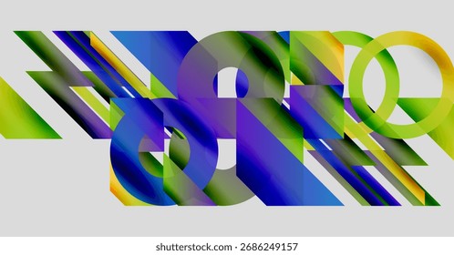 Abstract composition. Geometric shapes overlap, creating vibrant color gradients. Modern design, digital art, dynamic forms present.