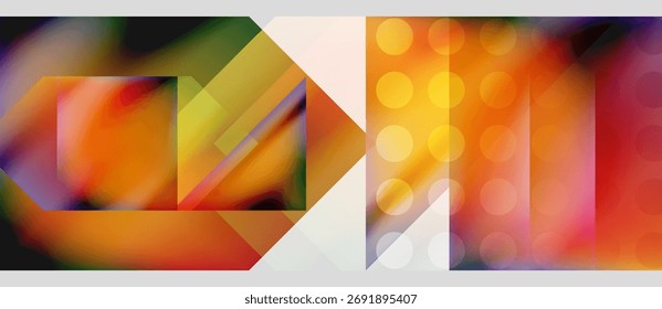 Abstract composition. Geometric shapes overlap, vibrant colors blend. Warm tones dominate, creating dynamic visual effect. Modern design.