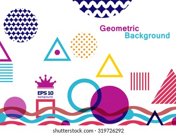 Abstract composition, geometric shapes print, flying circles, triangles, square block construction, round figure, headpiece, logo background, firm sign, surface backdrop, EPS 10 vector illustration
