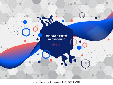 Abstract composition of geometric shapes and splash blue and orange hexagons pattern molecule with fluid gradient color flowing  on white background. Elements for design template modern communications