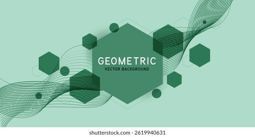 Abstract composition of geometric shapes and splash green hexagons pattern