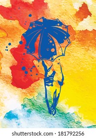 Abstract composition - girl with an umbrella on watercolor background. vector illustration.