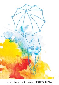 Abstract composition - girl with an umbrella on watercolor background. vector illustration.