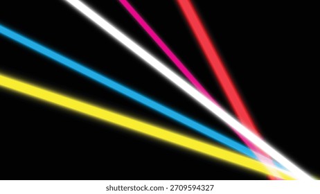 Abstrakte Zusammensetzung von leuchtenden Neonlichtstreifen in Weiß, Magenta, Gelb, Grün und Cyan auf dunklem Hintergrund