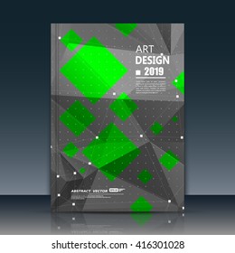 Abstract composition. Green, black font texture. Perforated dot construction. Square block. A4 brochure title sheet. Creative figure icon. Commercial logo surface. Pointed banner form. Flier fiber.