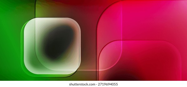 Composição abstrata. Matizes verdes e cor-de-rosa se misturam. Retângulos arredondados se sobrepõem, criando gradientes suaves, estética moderna. Design minimalista.
