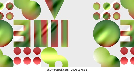Abstract composition. Green, red shapes overlap. Spheres, rectangles create dynamic visual texture. Modern design, vibrant colors, simple forms.