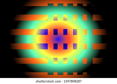 Abstract composition of a grid of colored, gradient, shining spots on a gradient, radial background. Vector image.