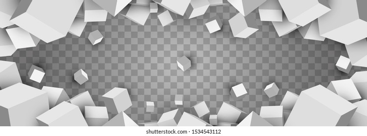 Abstract composition with group white boxes or cubes in different in perspective isolated on transparent background. Minimalistic design template for branding. Vector illustration.