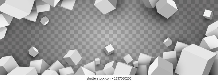 Abstract composition with group white boxes or cubes in different in perspective isolated on transparent background. Minimalistic design template for branding. Vector illustration.