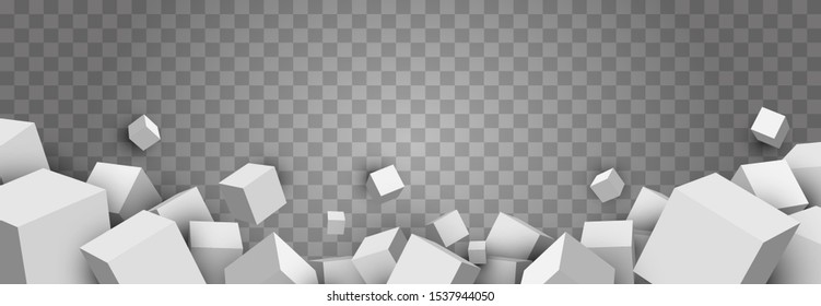 Abstract composition with group white boxes or cubes in different in perspective isolated on transparent background. Minimalistic design template for branding. Vector illustration.