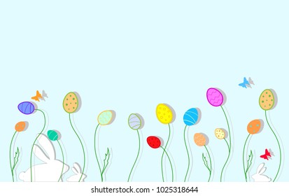 An abstract composition of growing eggs and hares on a meadow among flowers and grass. Easter