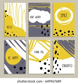 Abstract composition with hand drawn grunge texture. Wedding, birthday, party invitation, greeting cards. Set of artistic creative universal cards. Hand Drawn textures. Vector