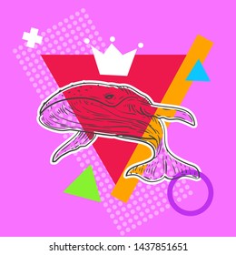 Abstract composition with hand drawn humpback whale in fashion pop art style. Zine culture vector illustration. Creative design concept.