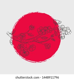Abstract composition with hand drawn sakura branch and red point. Minimalistic colorful vector design for banner, frames, greeting card.