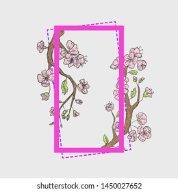 Abstract composition with hand drawn sakura branch and geometric form. Minimalistic colorful vector design for banner, frames, greeting card.