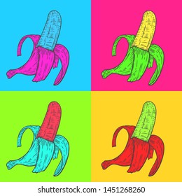 Abstract composition with hand drawn sketch banana in fashion pop art style. Zine culture vector illustration. Creative design concept.
