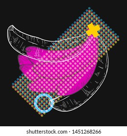 Abstract composition with hand drawn sketch banana in fashion pop art style. Zine culture vector illustration. Creative design concept.