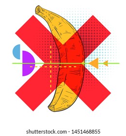 Abstract composition with hand drawn sketch banana in fashion pop art style. Zine culture vector illustration. Creative design concept.