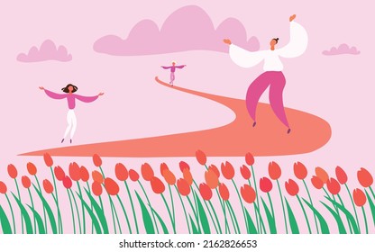 Abstract composition with happy people on the tulip field.
