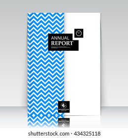 Abstract composition. Horizontal zig-zag lines section. Blue, white ad surface icon. Logo figure. A4 brochure title sheet. Creative black text frame construction. Firm banner form image. Flier panel