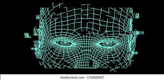 Abstract composition of Human face wireframe and glitched elements. The subject of mind, reason, thought, mental powers and Artificial intelligence consciousness.