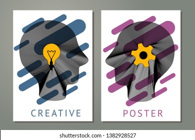Abstract composition with human heads, gears and lamp. Creativity concept with guilloche lines. Posters with striped head and geometric shapes.
