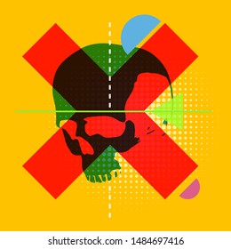 Abstract composition with human skull head in fashion pop art style. Zine culture vector illustration. Creative design concept.