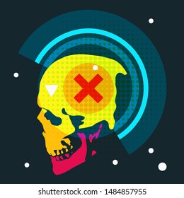 Abstract composition with human skull head in fashion pop art style. Zine culture vector illustration. Creative design concept.