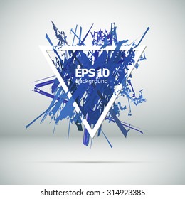 Abstract composition, inkblot, spotted blotch structure, blue paint blur surface backdrop, soiled geometric shape, splotchy triangle, grimy wallpaper, smudgy background,  EPS 10 vector illustration