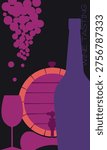 Abstract composition inspired by the atmosphere of a wine cellar and vineyards. The depiction of a barrel and wine equipment in deep purple and warm orange tones conveys the aesthetic of aged drinks. Great for cafe interior decor, wine labels, or as a background for thematic articles about wine production and grape varieties