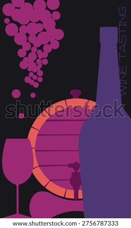 Abstract composition inspired by the atmosphere of a wine cellar and vineyards. The depiction of a barrel and wine equipment in deep purple and warm orange tones conveys the aesthetic of aged drinks. Great for cafe interior decor, wine labels, or as a background for thematic articles about wine production and grape varieties