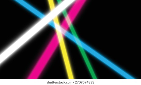 Composição abstrata de feixes de luz laser de néon interseccionantes em cores azul, branca e verde contra um fundo preto