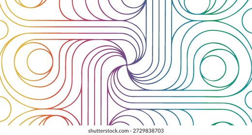 abstrakte Zusammensetzung aus miteinander verflochtenen gekrümmten Linien, die Spiralen und Schleifen in einem Regenbogengradienten bilden. Geeignet für modernes Design, Hintergründe, 