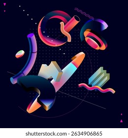 Abstract composition of iridescent 3D geometric shapes. Fluid color, isometric design.