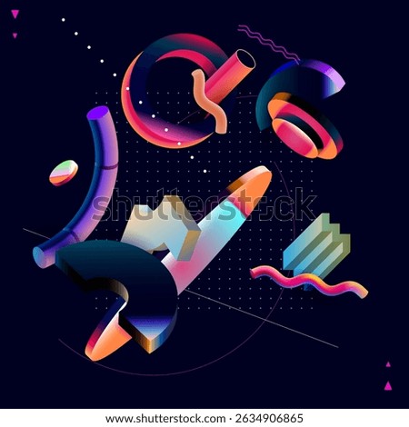 Abstract composition of iridescent 3D geometric shapes. Fluid color, isometric design.