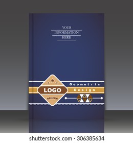 Abstract composition, jeans colored brochure with logo elements icon, blue background pattern, EPS 10 vector illustration
