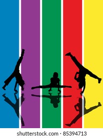 Abstract composition with jumping children silhouettes over a rainbow background