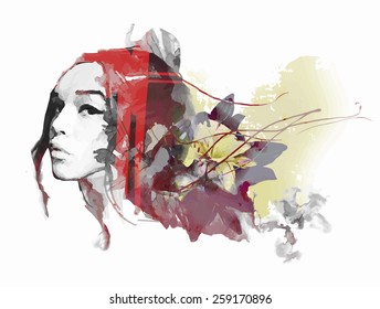 Abstract composition with a lady and flowers