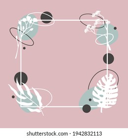 Abstract composition with leaves and geometric shapes. Isolated on pink background. Interior, home decoration. Poster, card, flyer, frame, wedding, social media, post  design. Elegant style. 