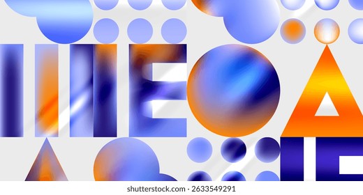 Abstract composition. Letters, shapes, circles blend. Blue, orange hues dominate. Modern design, vibrant, playful aesthetic.