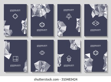 Abstract composition, logo template set, space background, brochure first page, black and white 3d triangle puzzle, mosaic pattern, patchwork inlay, business paper blank, EPS 10 vector illustration 