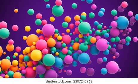 Abstract composition with many colorful random flying spheres. Colorful rainbow matte soft balls in different sizes. Vector background