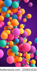 Abstract composition with many colorful random flying spheres. Colorful rainbow matte soft balls in different sizes. Vector background