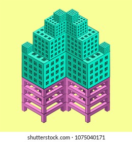 Abstract composition of many different sized green cellular cubes, located on lilac volumetric supports. Futuristic architectural fantasy. Vector illustration