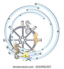 Abstract composition of metal circle frame, ship helm and mechanical sea horses and starfish. Steampunk style. Cartoon design. Vector illustration.